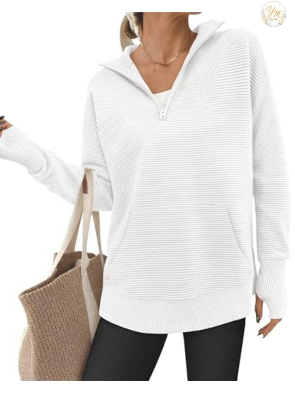 Quarter Zip Pullover Sweater Long Sleeve Women Oversized Loose Fit Ribbed Knit